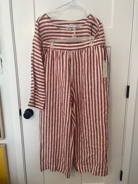 Rachel Zoe 100% Linen Pant Set Red White Stripes Pants Shirt 3/4 Sleeve XL NWT